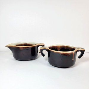 Brown Drip Glaze Creamer Pitcher And Sugar Stoneware Bowl USA Made Vintage